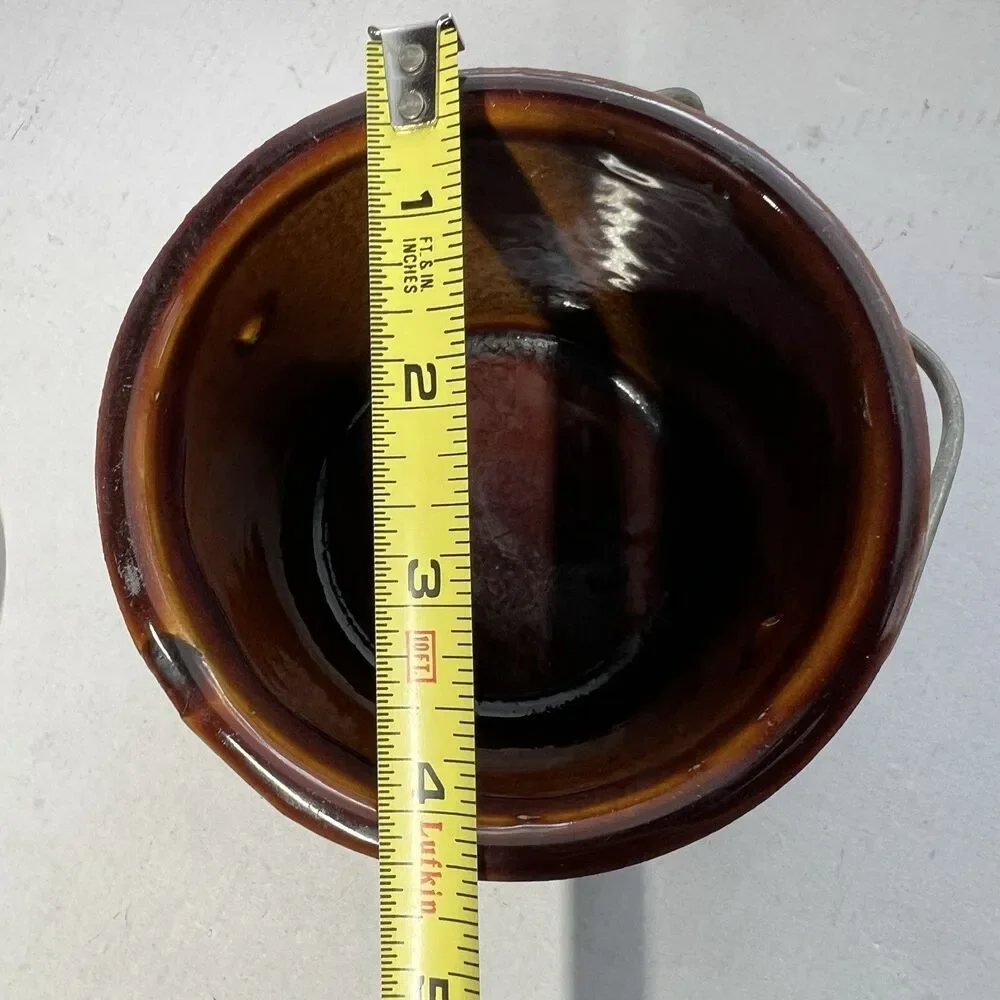 Vintage Brown Glazed Stoneware Cheese Crock Lid Locking Wire Bail Jar Flaws 5”